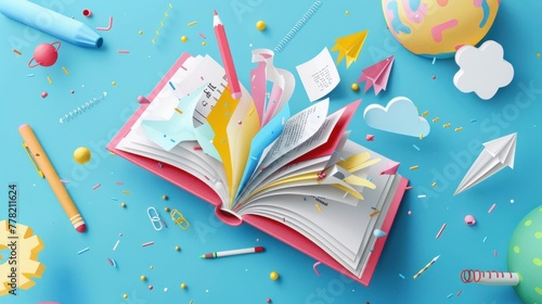 An imaginative papercut vector illustration of school supplies magically flying out of an open book photo