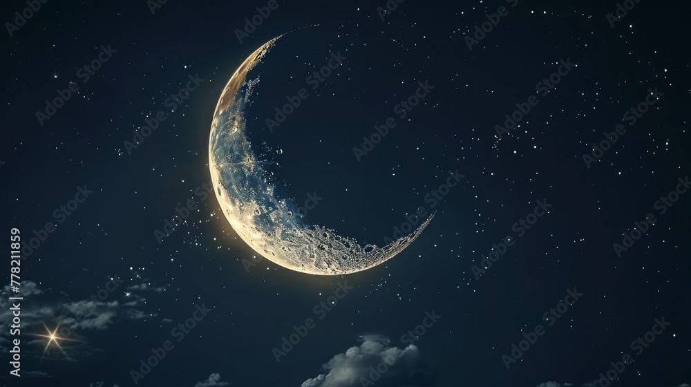 A stunningly detailed image of a crescent moon set against the dark night sky - obrazy, fototapety, plakaty 