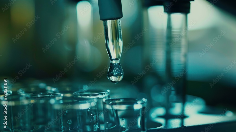 A precise moment captured as a liquid drips from a pipette into a test tube A precise moment captured as a liquid drips from a pipette into a test tube