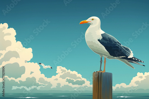 Seagull clipart perched on a wooden post