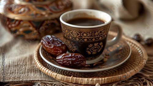 A warm cup of coffee paired with dry dates on a saucer  perfectly prepared for breaking the fast during iftar