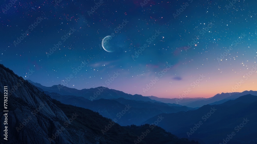 A panoramic view of the night sky adorned with the moon and stars A panoramic view of the night sky adorned with the moon and stars