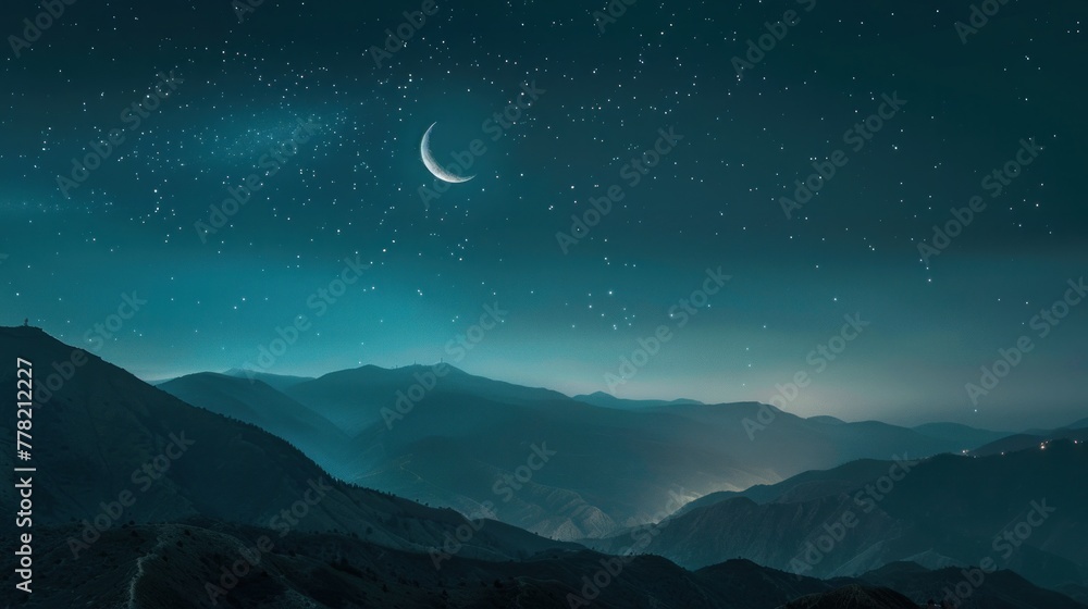  A panoramic view of the night sky adorned with the moon and stars