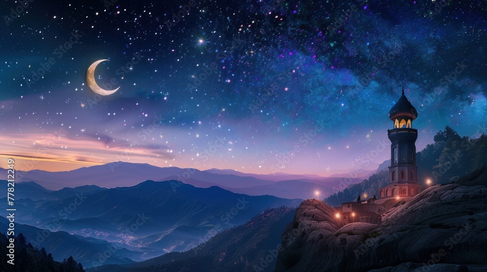 A panoramic view of the night sky adorned with the moon and stars A panoramic view of the night sky adorned with the moon and stars