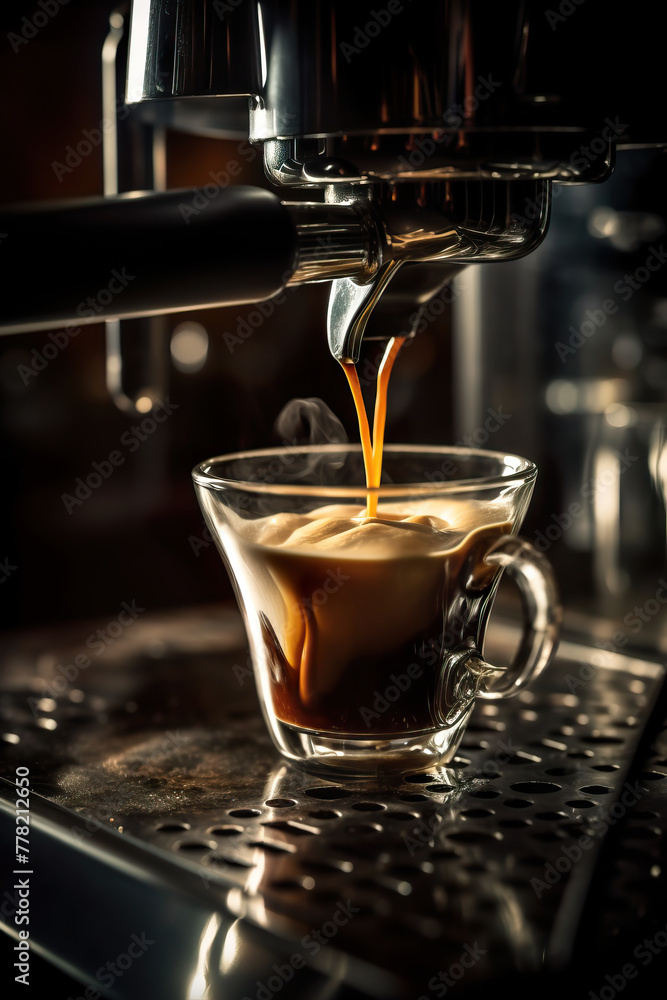 Espresso pours into a cup, warm ambiance.
Espresso pours into a cup, warm ambiance.