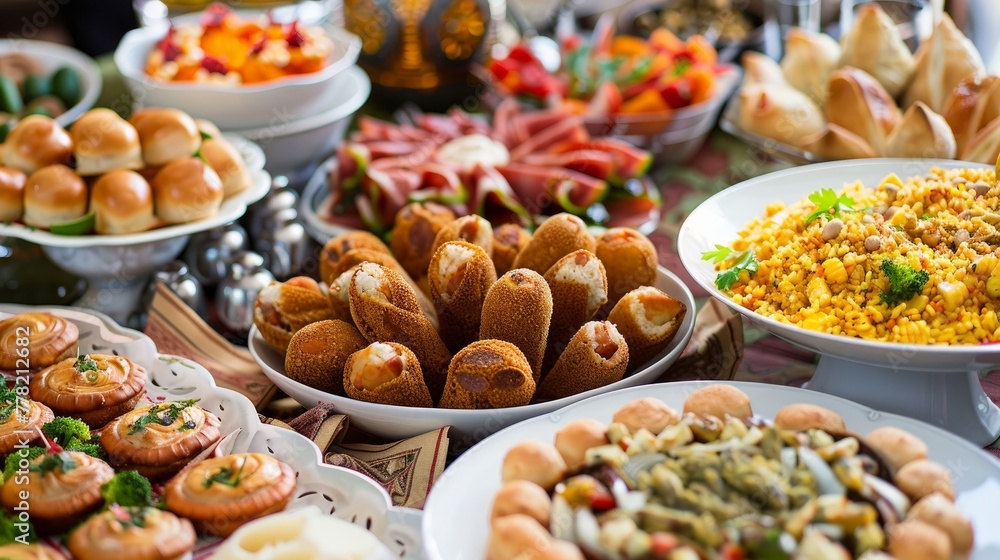 A beautifully arranged Iftar party table filled with an assortment of traditional dishes A beautifully arranged Iftar party table filled with an assortment of traditional dishes