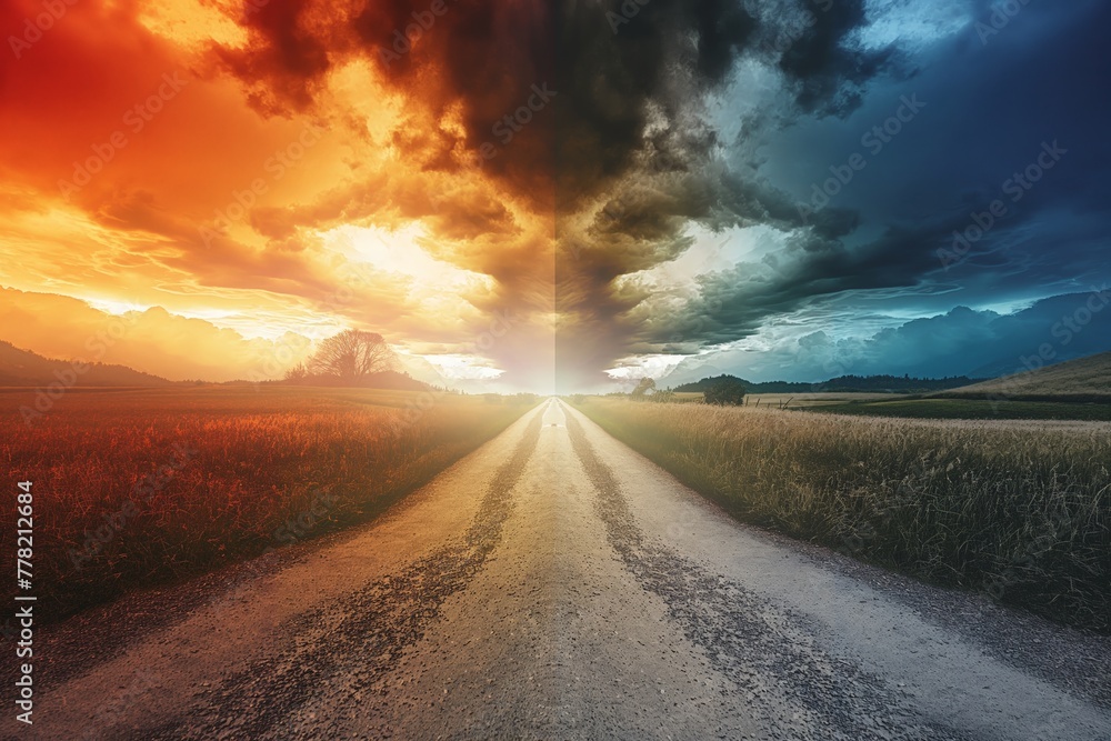 A striking country road splits between sunny and stormy weather, symbolizing choice and change.