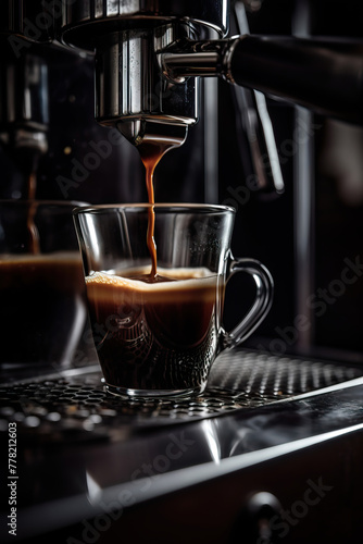 Espresso pours into a cup, warm ambiance. 