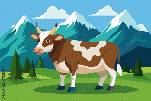 Alpine cow against the background of green mountains. Summer time. Vector image.

