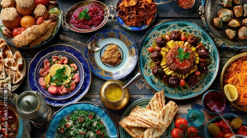 A beautifully arranged Iftar party table filled with an assortment of traditional dishes