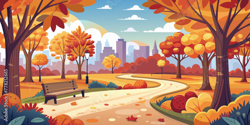 Autumn park with metropolis or city in the background. Vector image.
