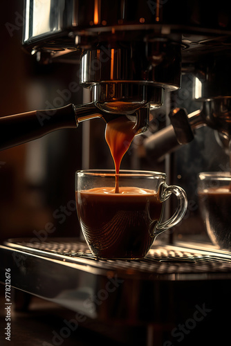 Espresso pours into a cup  warm ambiance. 