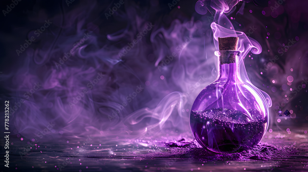 A mysterious purple bottle with wisps of smoke curling from its mouth sits on a weathered wooden table. A mysterious purple bottle with wisps of smoke curling from its mouth sits on a weathered wooden table.