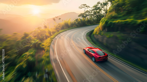 A red sports car navigates a winding mountain road with lush green trees and a clear blue sky in the background. © javu