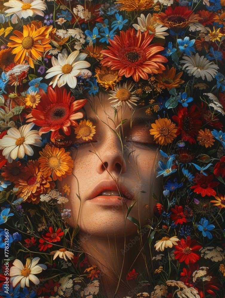 Artistic rendition of a surreal head enveloped in a lush bouquet of exquisite flowers, creating a whimsical atmosphere.