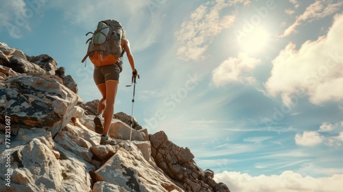 Female climber with backpack climbing and climbing rocks on mountain peak cliff.AI generated image