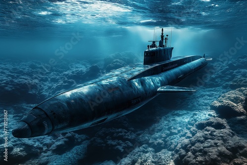 A submarine navigates the serene underwater world, casting shadows on the sea floor amidst sunlit waters.