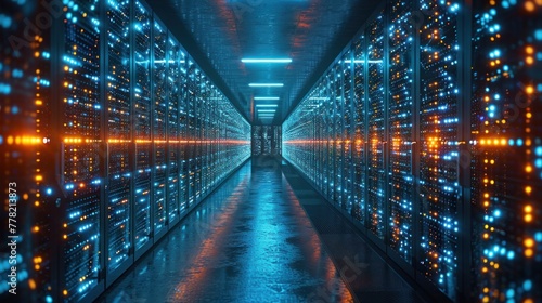 Rows of computer servers fill an open data center, with screens displaying lines of code, highlighting the core technology