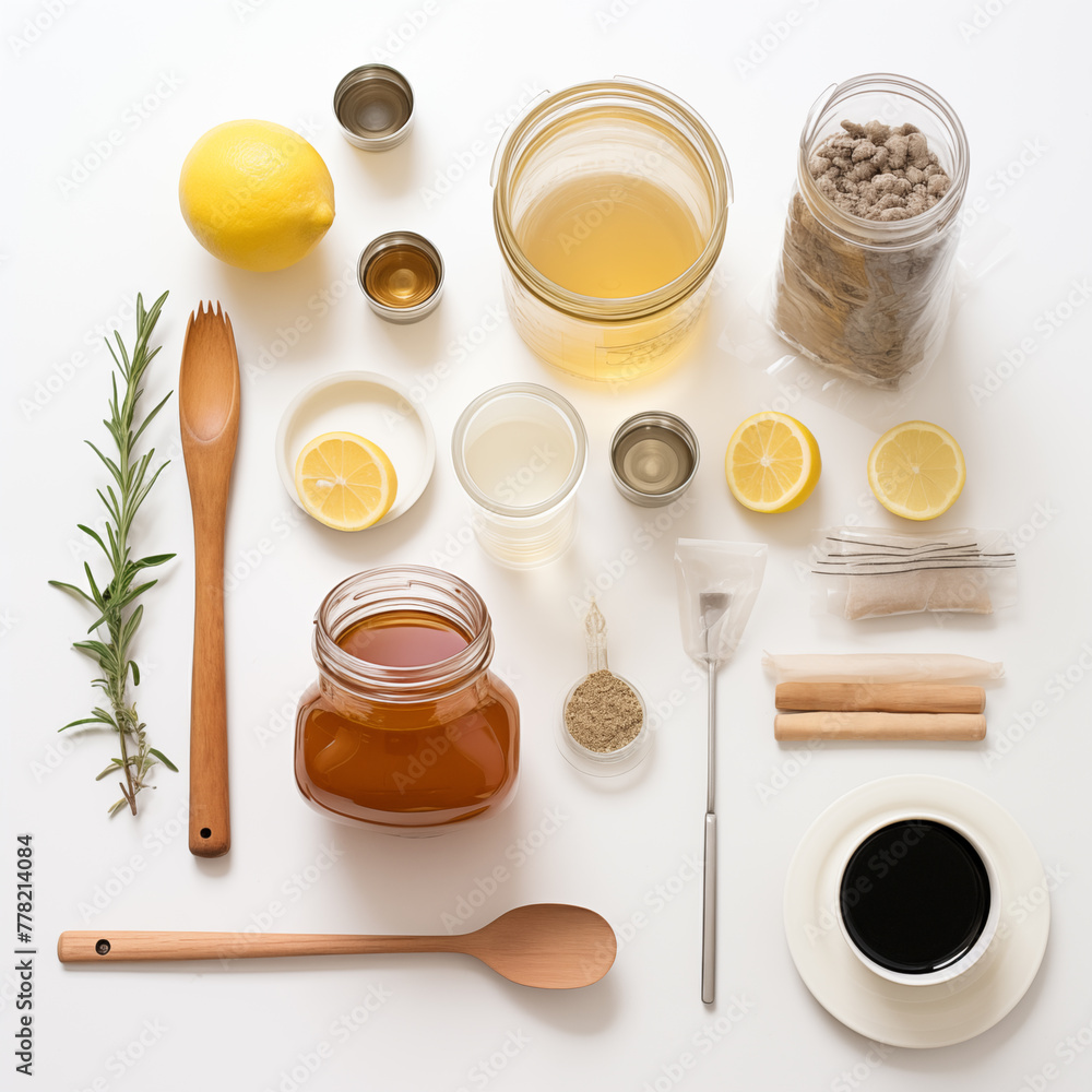 Step by step process of making kombucha on a white background. view from above Step by step process of making kombucha on a white background. view from above