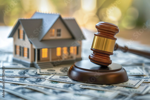 A house model sits on a pile of $100 bills next to a wooden judge's gavel. Concept of legal proceedings in real estate, property division in divorce. Generative AI. photo