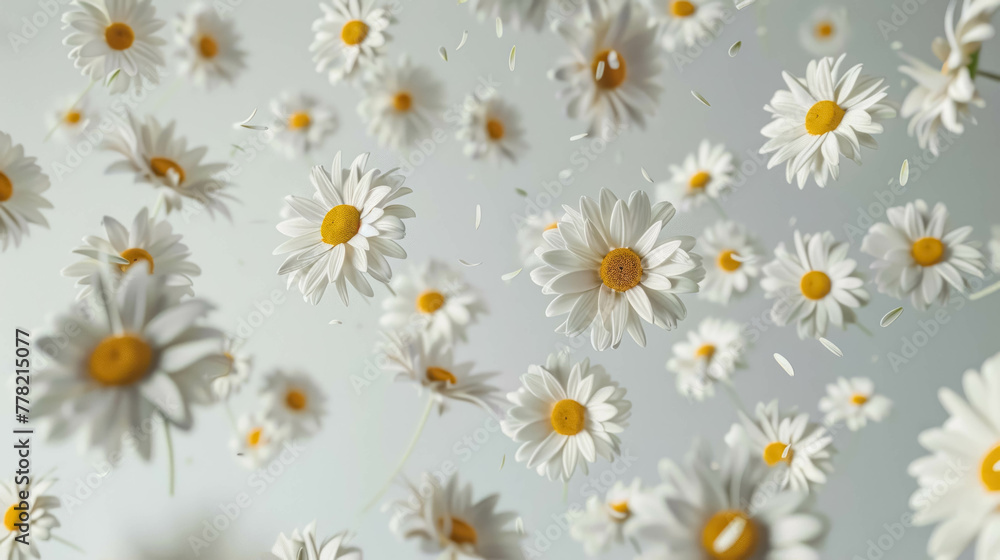 Falling Daisies Flowers Against A White Background, Spring Blossoms Background Falling Daisies Flowers Against A White Background, Spring Blossoms Background