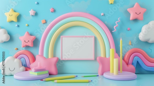 A platform to display products. Rainbow sage theme with decoration, school tools and whiteboard. Product overlay