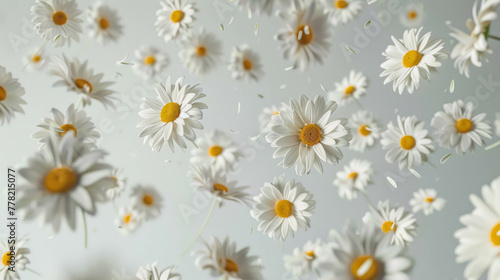 Falling Daisies Flowers Against A White Background, Spring Blossoms Background