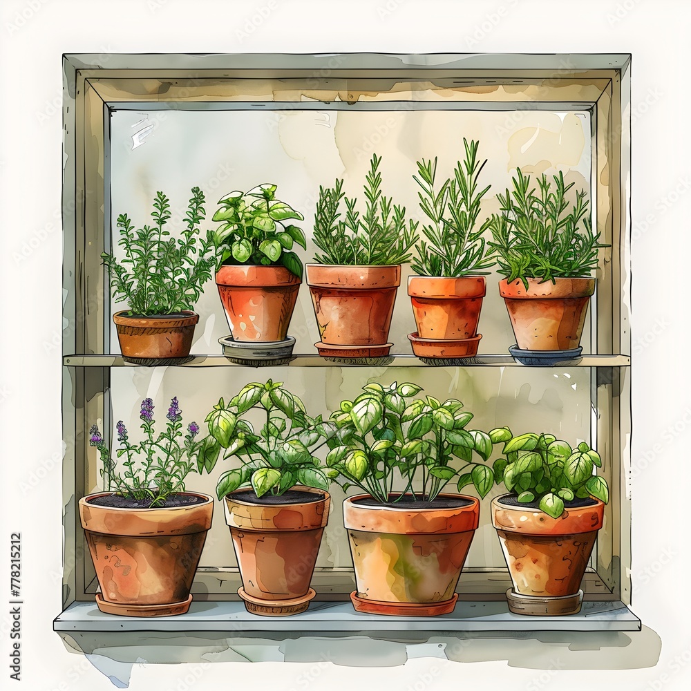 Herbs and Greenery Displayed in a Cozy Window Garden Shelf with Copy Space