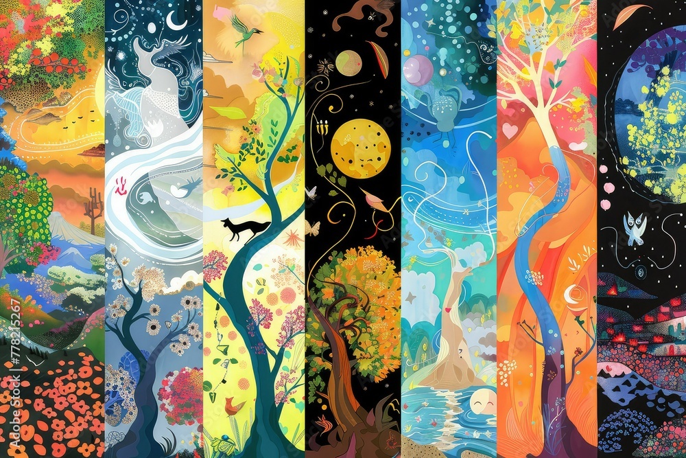 Designs side by side that represent the stages of the day. Dawn, Day, Evening, Sunset, Night. Each design is created in colourful whimsical gouache art style.