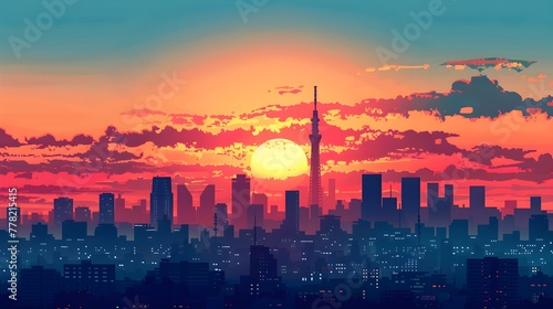 Captivating cityscape showcasing a stunning sunset silhouette against the backdrop of a modern high rise skyline