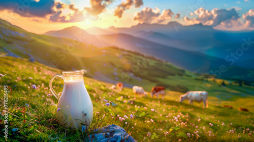 A picturesque scene: A milk pitcher atop a lush mountain slope, framed by the hues of a setting sun. Grazing cows dot the distant landscape. Generative AI.