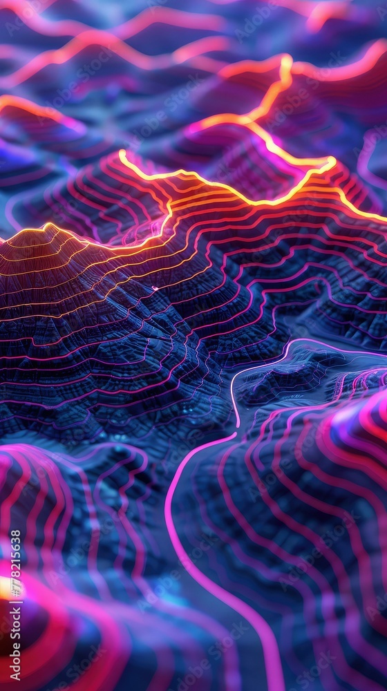 Obraz premium A 3D terrain flat map is covered with bright lines in the style of futuristic, neon light, sci-fi elements.
