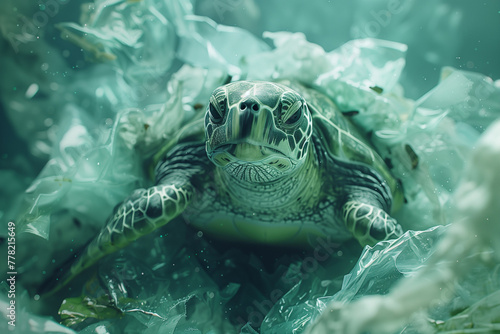 Sea turtle trapped in plastic waste. Reduce plastic use. Save wildlife. eath day message  planet vs. plastic