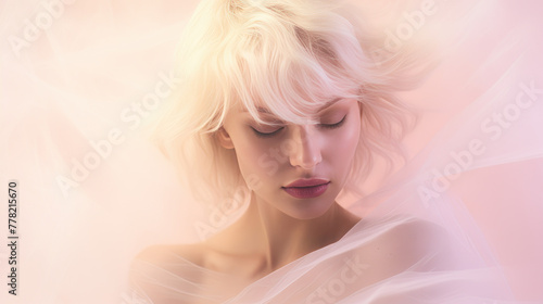 Ethereal portrait of a woman in delicate shades of white and magenta