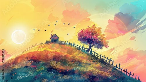 Watercolor of a beautiful hill, a small house in the distance on a hill wall art.
