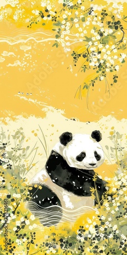  Watercolor of family of pandas surrounded by beautiful flowers.