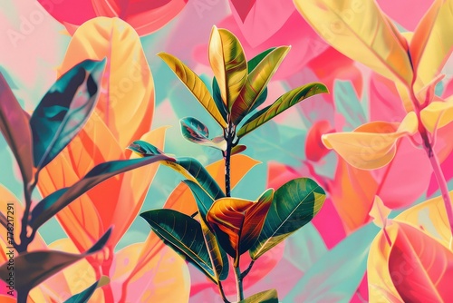 Green tropical plants in a colorful background, in the style of bold graphic illustrations.