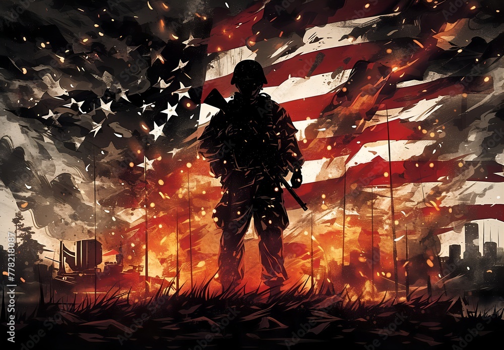 Heroic Stand: American Soldier Silhouette Against Flag with Cinematic Explosions, Urban Fantasy Backdrop - obrazy, fototapety, plakaty 