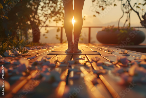 Close-up of legs in a yoga stance on a wooden deck strewn with petals during sunset. AI Generated.