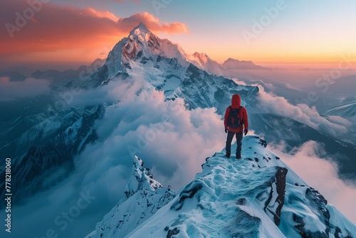 A solitary hiker stands at the edge of a snow-covered peak, gazing at the majestic mountain bathed in sunrise hues. AI Generated © Denis Mamin