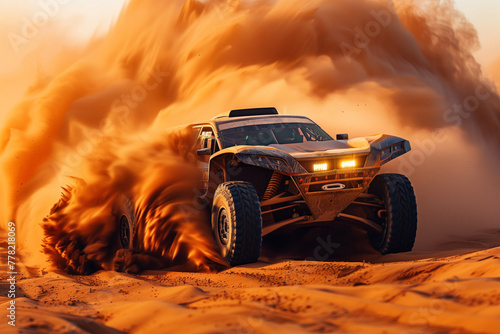 A powerful dune buggy creates a massive dust storm while racing through the desert, embodying off-road ferocity. AI Generated. © Denis Mamin