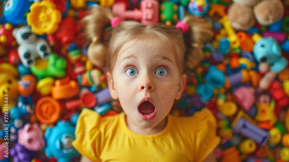 Surprised girl against the background of details of a children's construction set Surprised girl against the background of details of a children's construction set