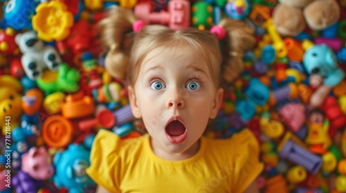 Surprised girl against the background of details of a children's construction set