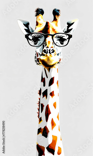 Artistic depiction of a giraffe in glasses, merging wildlife with a human-like fashion statement, set against a clean white background, ideal for modern art and quirky design themes, 