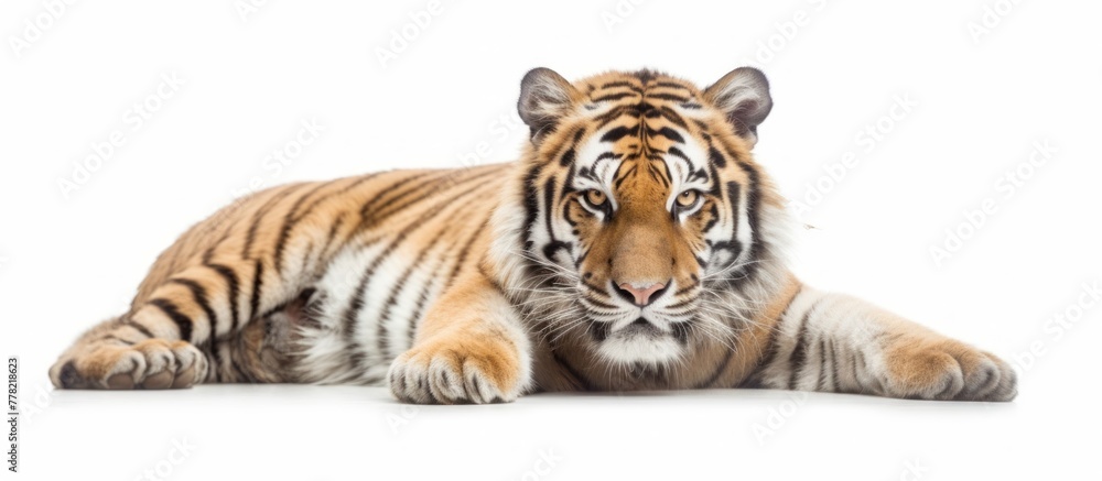 Obraz premium portrait of a Tiger lying on a white background.AI generated image