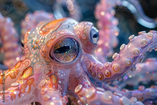 Octopus retro futuristic style, colors neon pink, blue, purple, neon blue, soft pink. Generative AI © Zero Zero One
