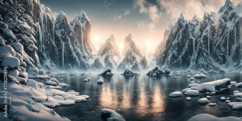Foto einer verschneiter Gebirgslandschaft mit Wasserfall und See, mystisch, verträumt
