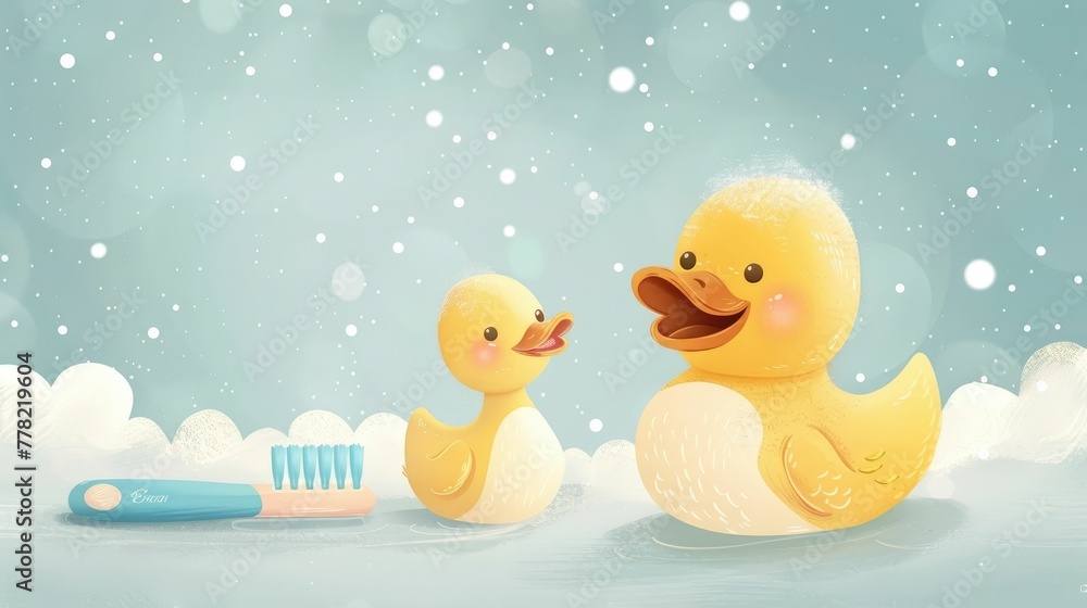 Adorable Rubber Ducky and Tiny Toothbrush in Snowy Winter Bathroom Scene for Babies and Children Adorable Rubber Ducky and Tiny Toothbrush in Snowy Winter Bathroom Scene for Babies and Children
