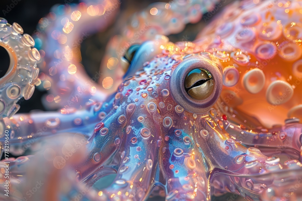 Octopus retro futuristic style, colors neon pink, blue, purple, neon blue, soft pink. Generative AI