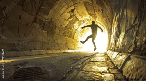 a man jumping in a tunnel.AI generated image